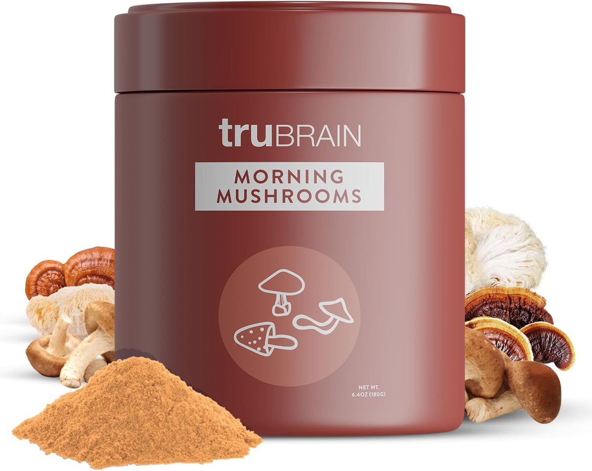 TruBrain Morning Mushrooms: Coffee Alternative with Superfoods & Adaptogens - USA-Grown Lion’s Mane, Chaga, Cordyceps, & Reishi Mushrooms - Natural Energy, Focus, and Immune Support