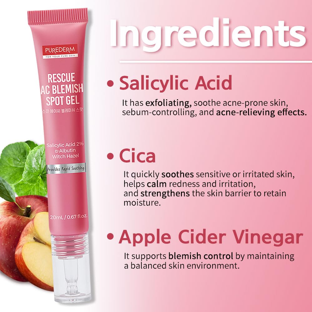 Purederm Blemish Spot Treatment Gel with Salicylic Acid 2%, Soothing Acne Care for Irritated Skin, Day & Night Use, 20ml