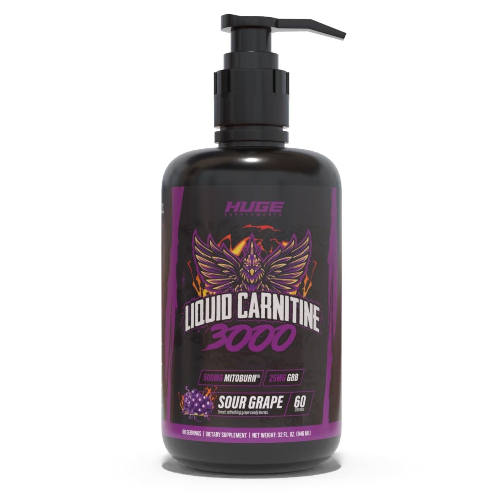 Huge Supplements Liquid L-Carnitine 3000, Superior Potency Infused with 500mg MitoBurn & 25mg GBB, Premium Stim-Free & Energy Boost, Convenient Pump Top, 32 Oz (60 Servings)