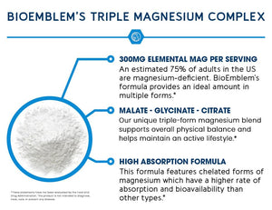BioEmblem Triple Magnesium Complex | 300mg Magnesium Glycinate, Malate & Citrate | High Absorption Chelated Formula | Vegan, Non-GMO, Gluten-Free | 90 Capsules BioEmblemBuy Supplements Australia