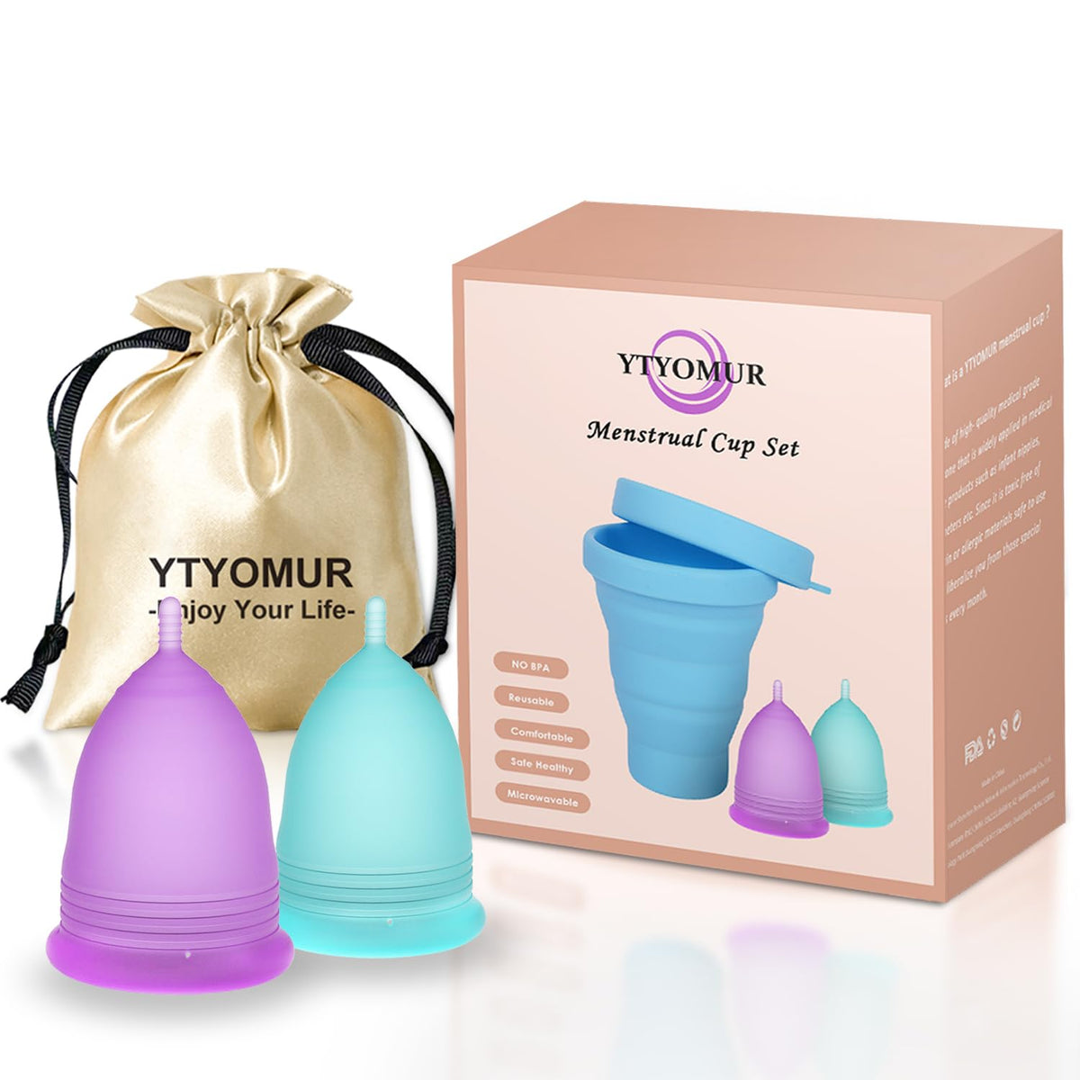 YTYOMUR Menstrual Cup Set, 2 Soft Period Cup Come with Collapsible Cleaner Cup