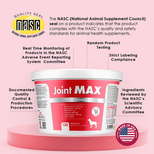 Joint Max TS Joint Supplement Vet Formulated Pain & Inflammation Relief Treats Hip Dysplasia & Arthritis, Glucosamine, Chondroitin, Turmeric, MSM, HA, Creatine, Omega 3 EPA + DHA.120 Soft Chews Joint MaxBuy Supplements Australia