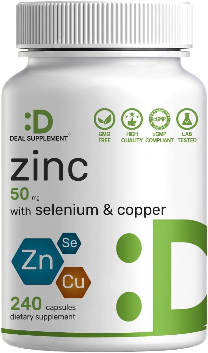 Zinc Picolinate 50mg with Copper & Selenium, 240 Capsules - 3-in-1 High Absorption Mineral Complex - Chelated Zinc Supplement for Immune Support* - 8 Month Supply