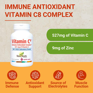 Vitamin C8 + Zinc Supplement for Higest Absorption (90 Capsules) | 527mg per Portion | 8 Buffered Sources of Vitamin C with Bioflavonoids, Green Tea & Quercetin for Stronger Defense | 3 months Supply NEW ROOTS HERBALBuy Supplements Australia