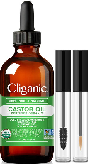 Cliganic Organic Castor Oil, 100% Pure (4oz with Eyelash Kit) - For Eyelashes, Eyebrows, Hair & Skin