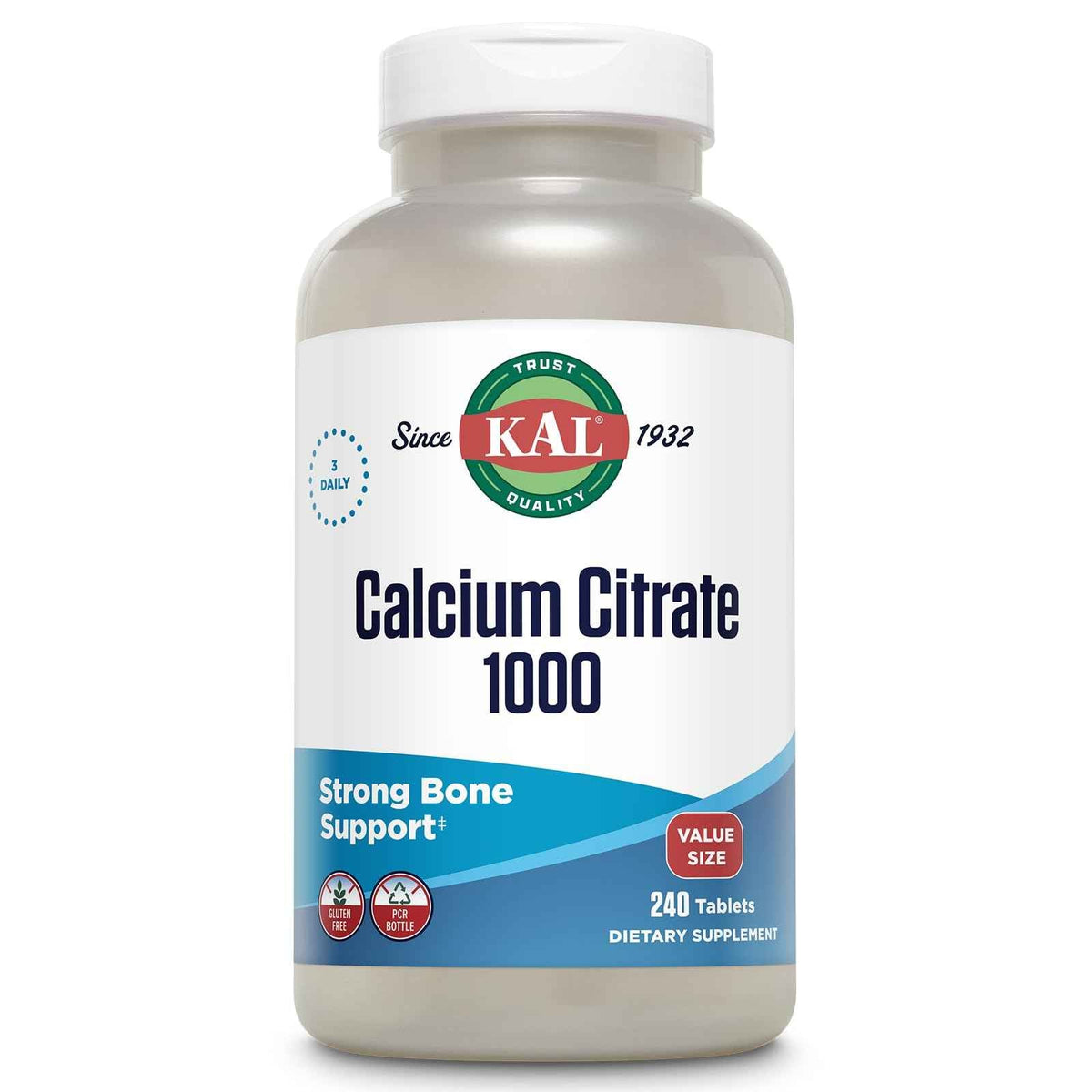 KAL Calcium Citrate 1000mg, Calcium Supplements for Women and Men, Bone Health, Teeth, Nervous, Muscular & Cardiovascular System Support, Gluten Free and Lab Verified, 60 Servings, 180 Tablets