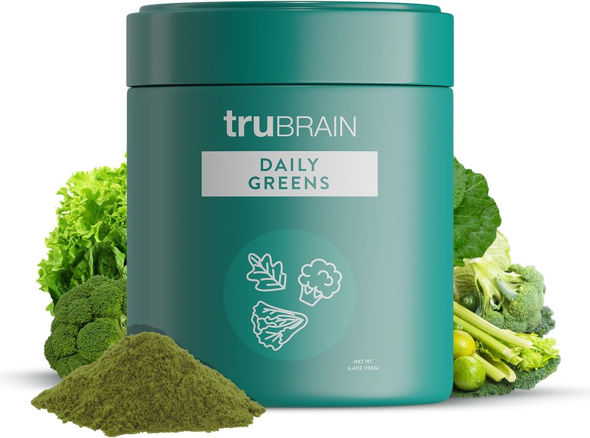TruBrain Daily Greens: Sustained Brain Nourishment - 75 Plant-Based Ingredients, Superfoods, & Probiotics in Greens Powder - Vegan, Paleo, Keto-Friendly