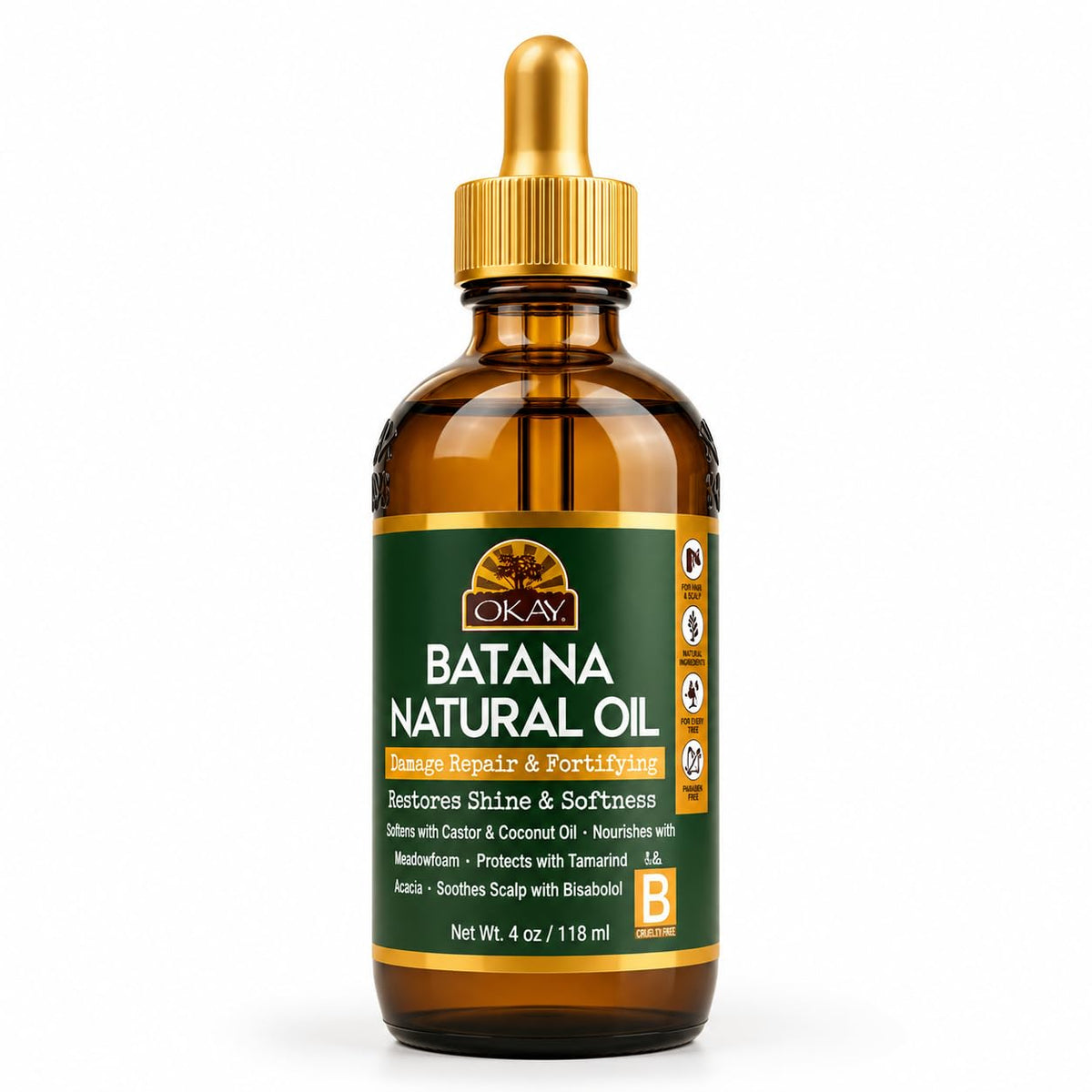 OKAY Batana Oil 4 oz - 100% Pure Natural Hair & Scalp Oil for Hair Growth, Moisturizing Dry Damaged Hair, Strengthens, Nourishes & Restores Shine, 118 ml