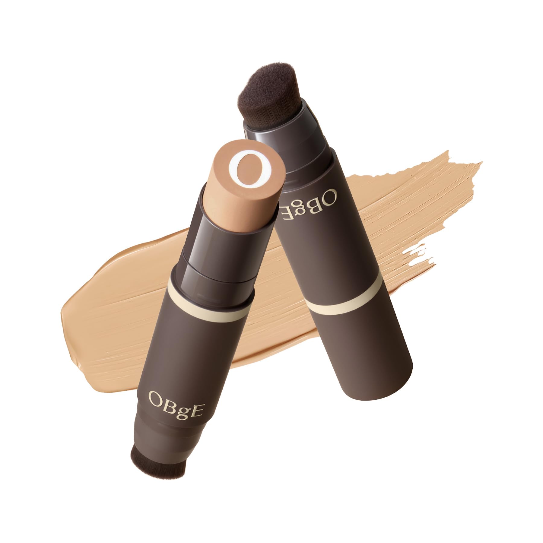 OBgE Natural Foundation Stick High Coverage with Brush #2 Beige, 0.49oz - Seamless Matte Finish, Immediate Pore Blurring, All-Day Shine Control, All-In-One Korean Makeup, Built In Detachable Brush