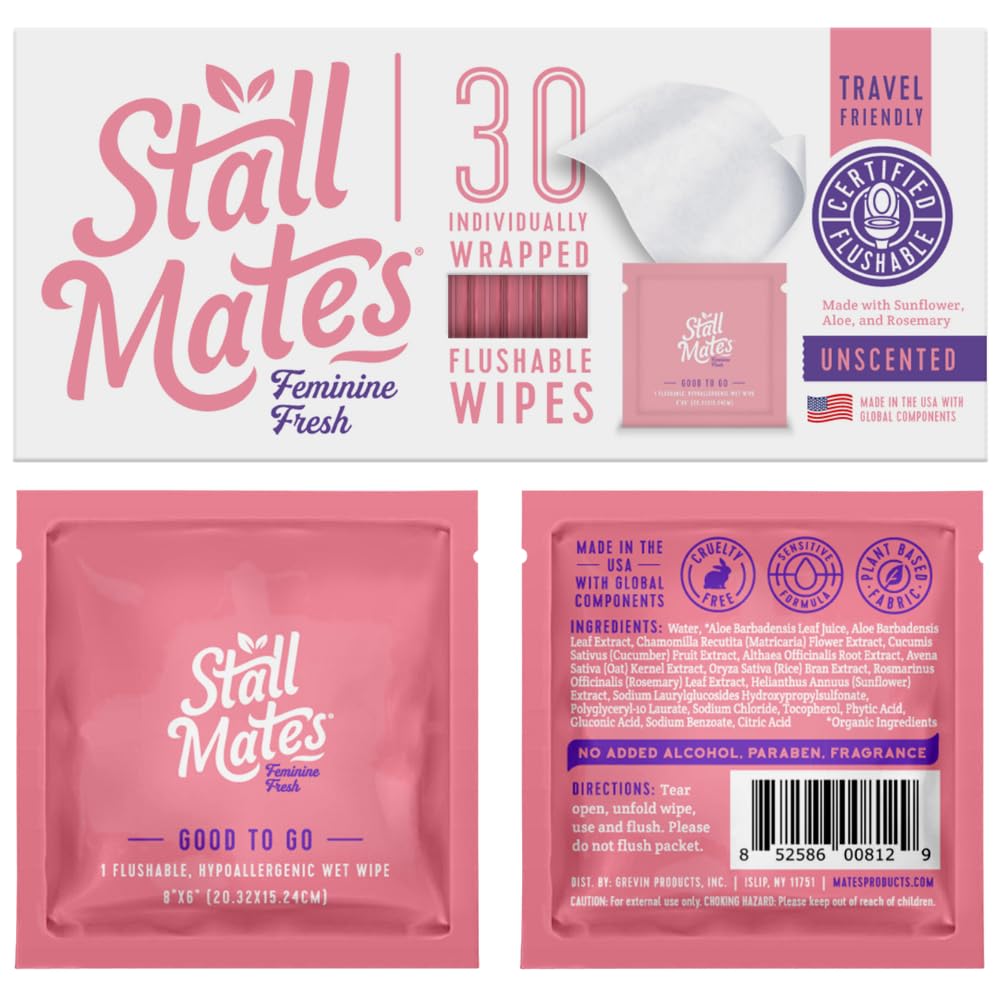 Stall Mates Wipes Feminine Fresh - Flushable | Individually Wrapped Cleansing Travel Friendly PH 