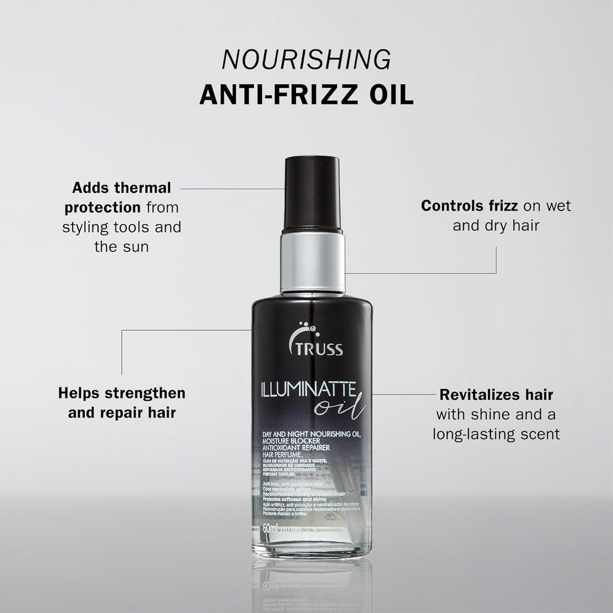 TRUSS Illuminatte Hair Oil - For Damaged, Frizzy or Brittle Hair - Nourishing Scented Oil & Heat Protectant - Formulated to Soften, Strengthen & Repair - Add Shine & Control (2.02 Fl Oz)