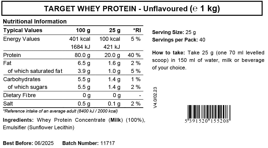 Whey Protein Powder - Unflavoured - Target Whey Protein by ROS Nutrition - 1 Kg - 40 Servings