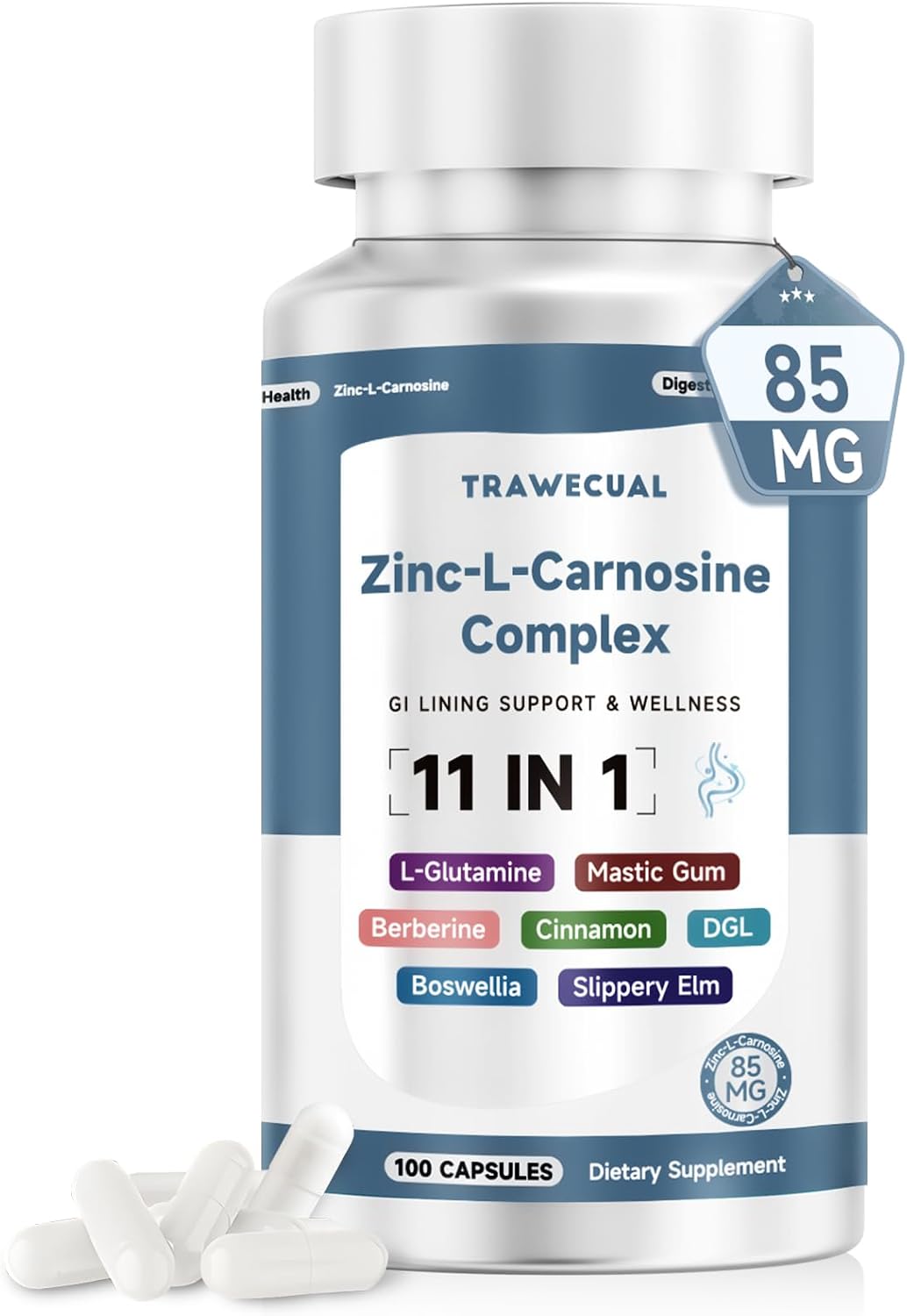 Zinc L Carnosine Complex 85mg, 11-in-1 Digestive & Gut Health Support - Soothing Herbal Extract Blend, L-Glutamine & Mastic Gum, 100 Capsules, Non-GMO, Vegan Supplement