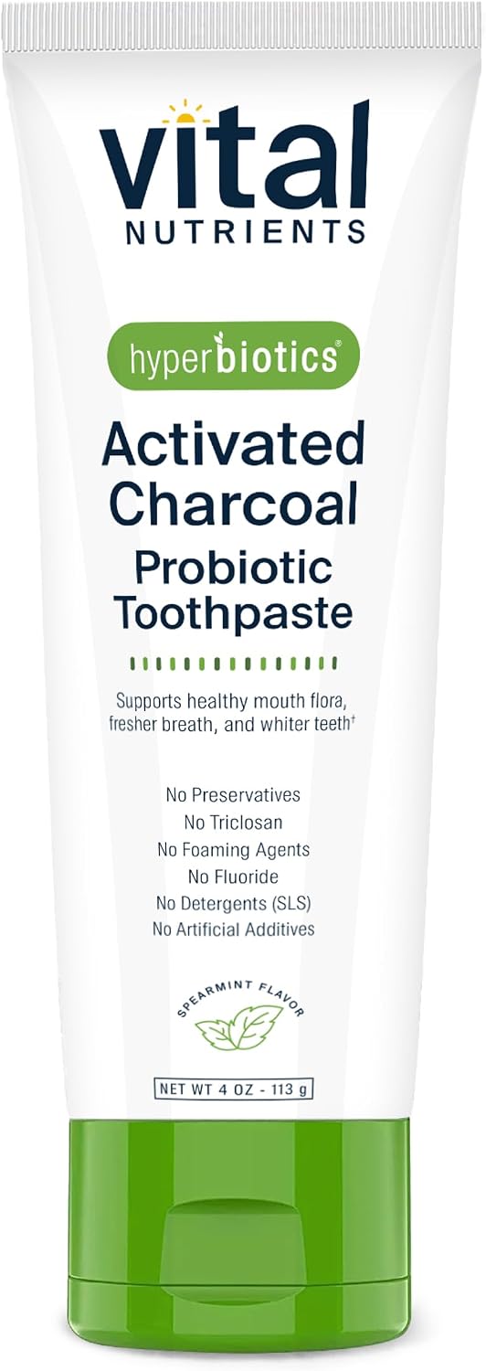 Vital Nutrients Hyperbiotics Activated Charcoal Probiotic Toothpaste - Supports Healthy Mouth Flora, Fresher Breath, Whiter Teeth - Spearmint Flavor - Non-GMO - Gluten, Dairy, Soy Free - 4 oz