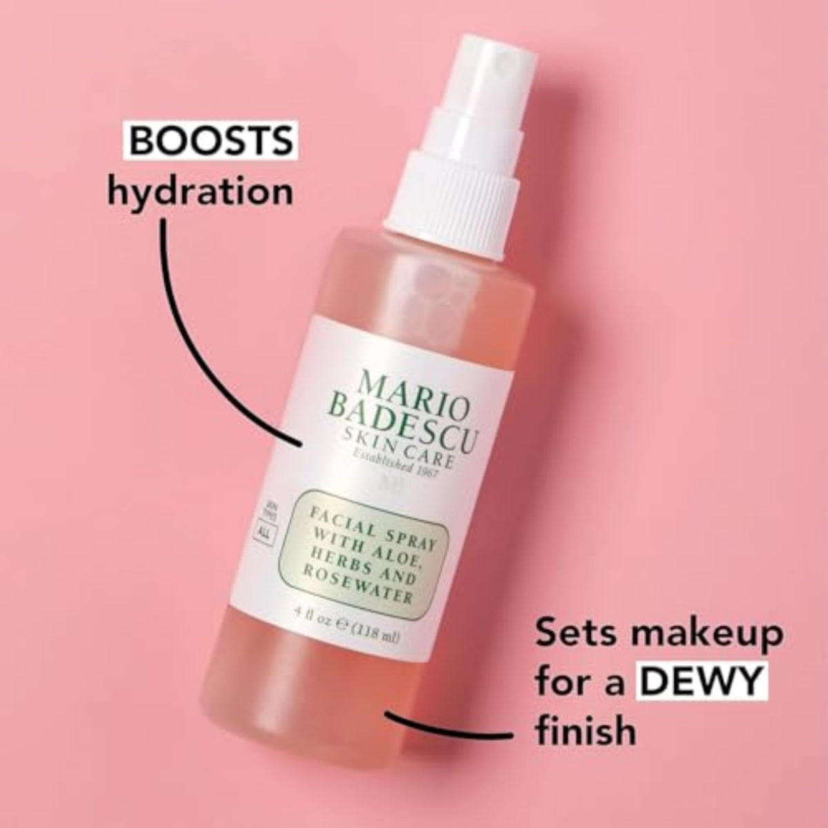 Mario Badescu Facial Spray with Aloe, Herbs and Rose Water for All Skin Types, Face Mist that Hydrates, Rejuvenates & Clarifies, 4 FL OZ