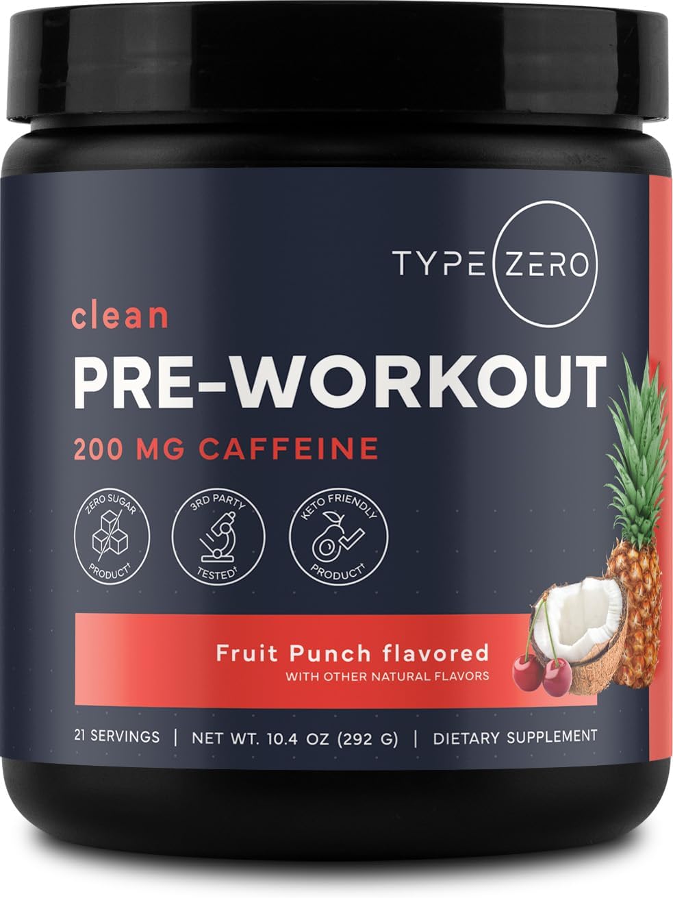 Type Zero Clean Pre Workout Powder (Fruit Punch) 21 Servings - 200mg Natural Caffeine, L-Citrulline Malate, Beta Alanine, Alpha GPC, Huperzine A, Himalayan Salt, Sugar Free