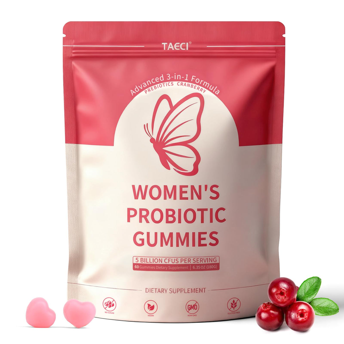 Taeci Vaginal Probiotic Gummies for Women - 5 Billion CFU with Prebiotic & Cranberry Extract - Supports pH Balance, Healthy Odor & Gut Health