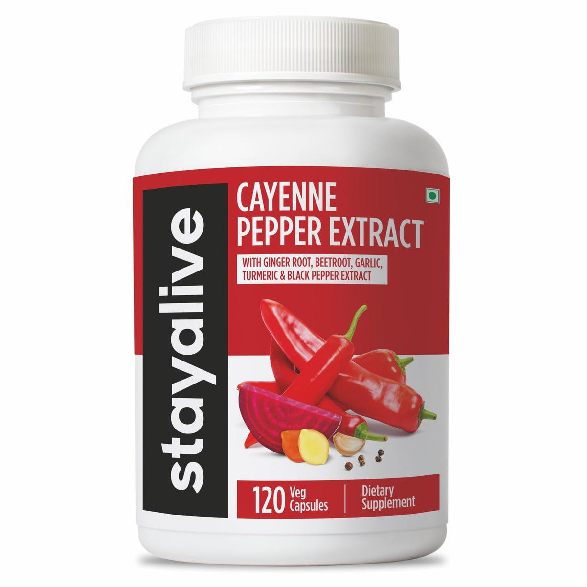 STAY ALIVE Cayenne Pepper Capsules, 6-in-1 Capsicum Blend w/Ginger, Garlic, Turmeric, Beet Root, and Black Pepper Extract, 120 Cayenne Capsules