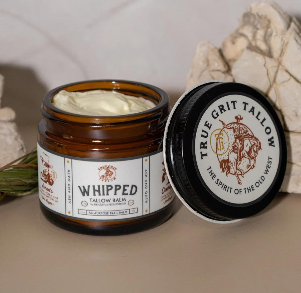 True Grit Beef Tallow for Skin - All-Purpose Moisturizer with Bison Tallow - Cigar and Saddle Scent - John Wayne Inspired Whipped Tallow Balm, Pack of 3