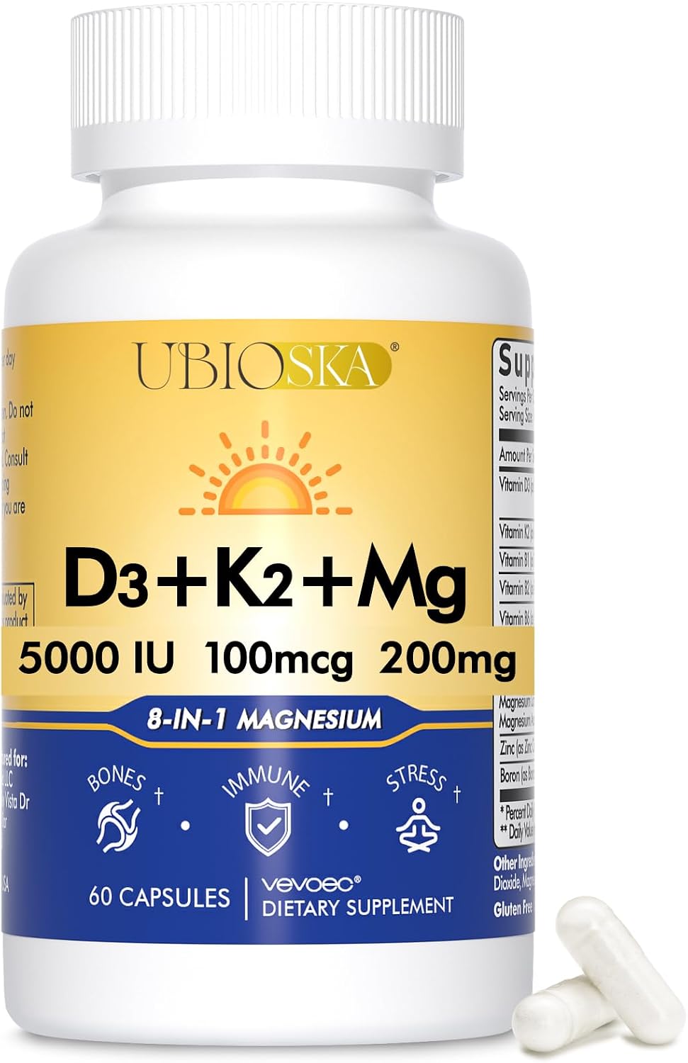 UBIOSKA Vitamin D3 K2 Magnesium, 5000 IU D3, K2 as MK-7, 60 Capsules - 8-form magnesium with glycinate, taurate and malate, plus B vitamins and zinc for daily bone, muscle and immune support