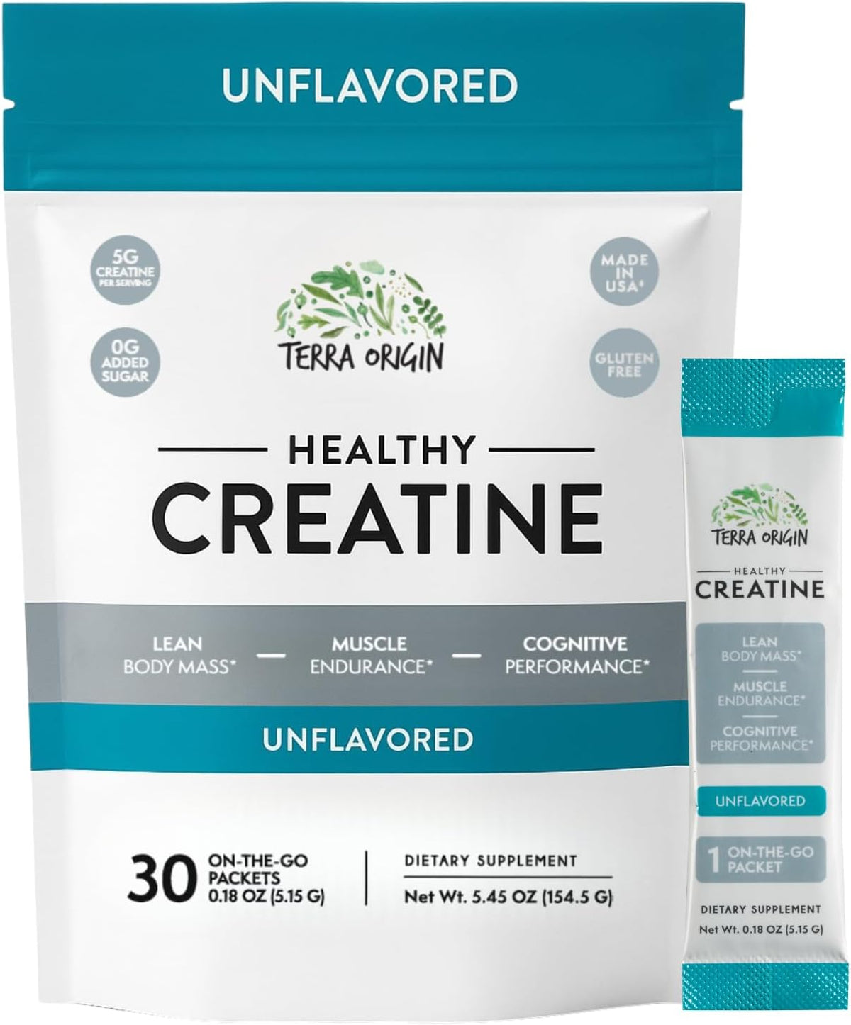 TERRA ORIGIN Healthy Creatine Micronized Monohydrate Powder - 30 Stick Packs - Support for Muscle and Cognitive Performance* - Supplement for Women and Men - Unflavored, Gluten Free, Zero Sugar