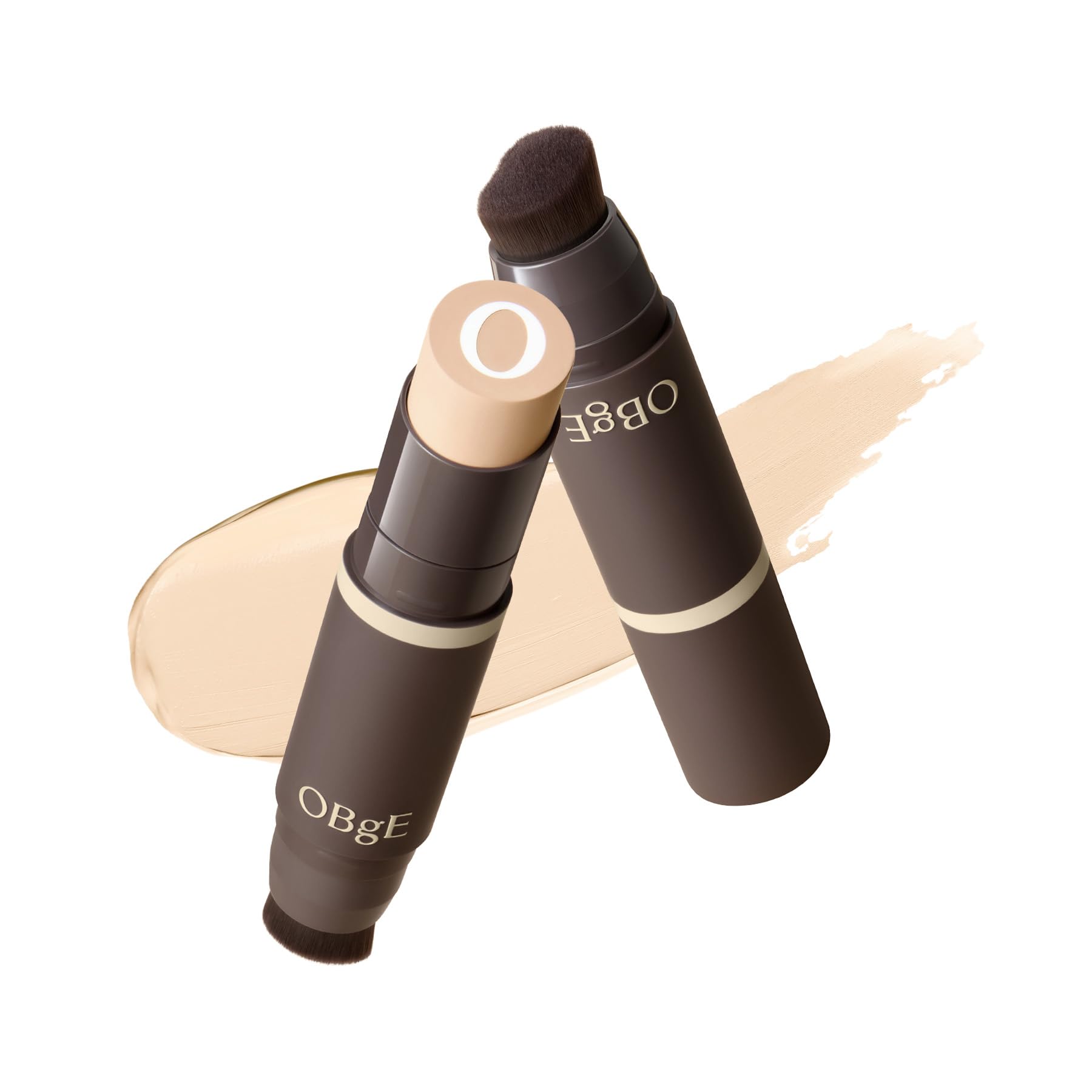 OBgE Natural Foundation Stick High Coverage with Brush #2 Beige, 0.49oz - Seamless Matte Finish, Immediate Pore Blurring, All-Day Shine Control, All-In-One Korean Makeup, Built In Detachable Brush