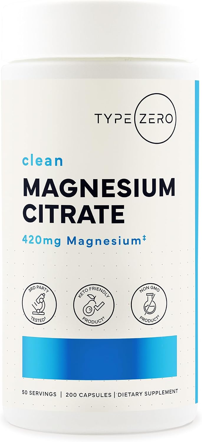 Type Zero Clean Magnesium Citrate (420mg) 200 Capsules, Gluten-Free - Pure Magnesium Citrate Supplement, GMO-Free, 50 Servings