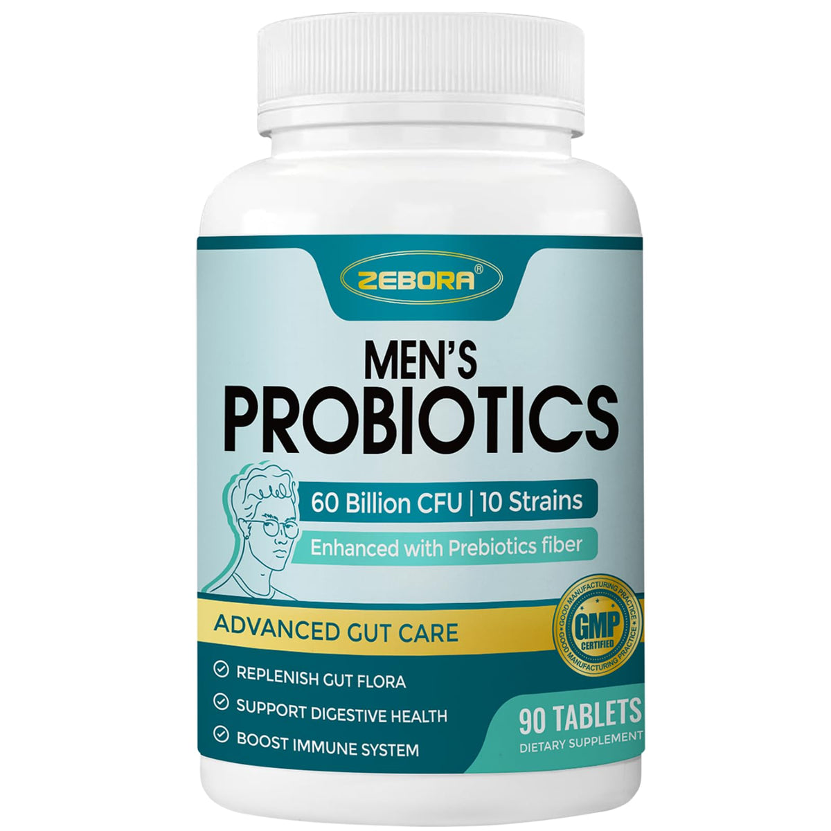 ZEBORA Probiotics for Men and Prebiotics for Digestive Health, 90 Tablets, 60 Billion CFUs for Immune and Gut Health, 10 Strains, Hypoallergenic Probiotics