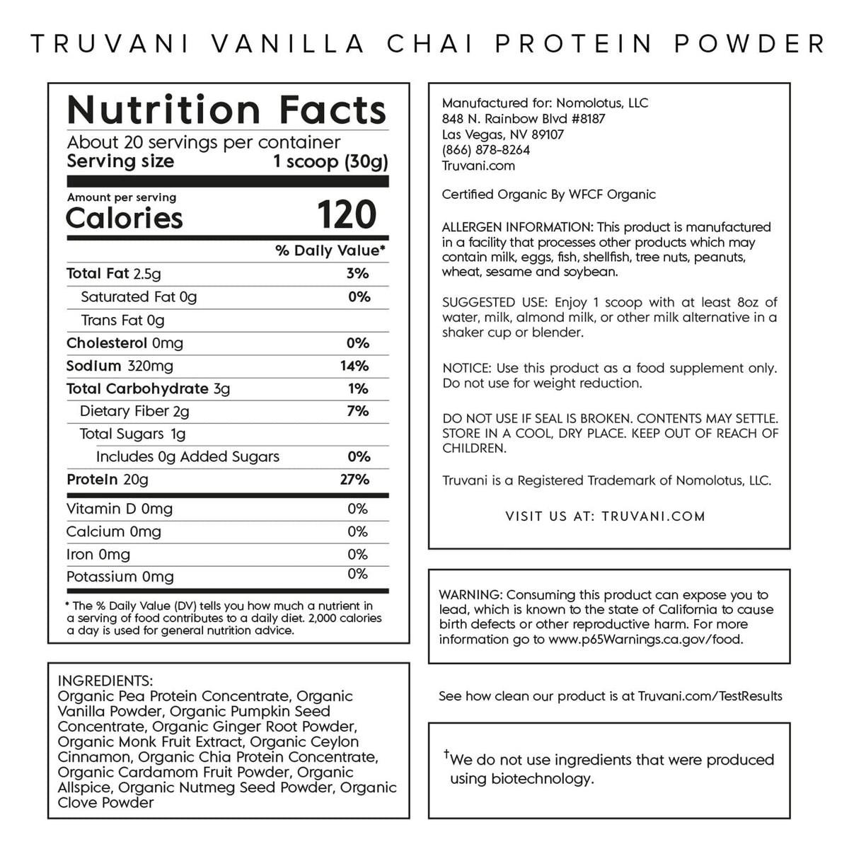 Truvani Organic Vegan Protein Powder Vanilla Chai - 20g of Plant Based Protein, Organic