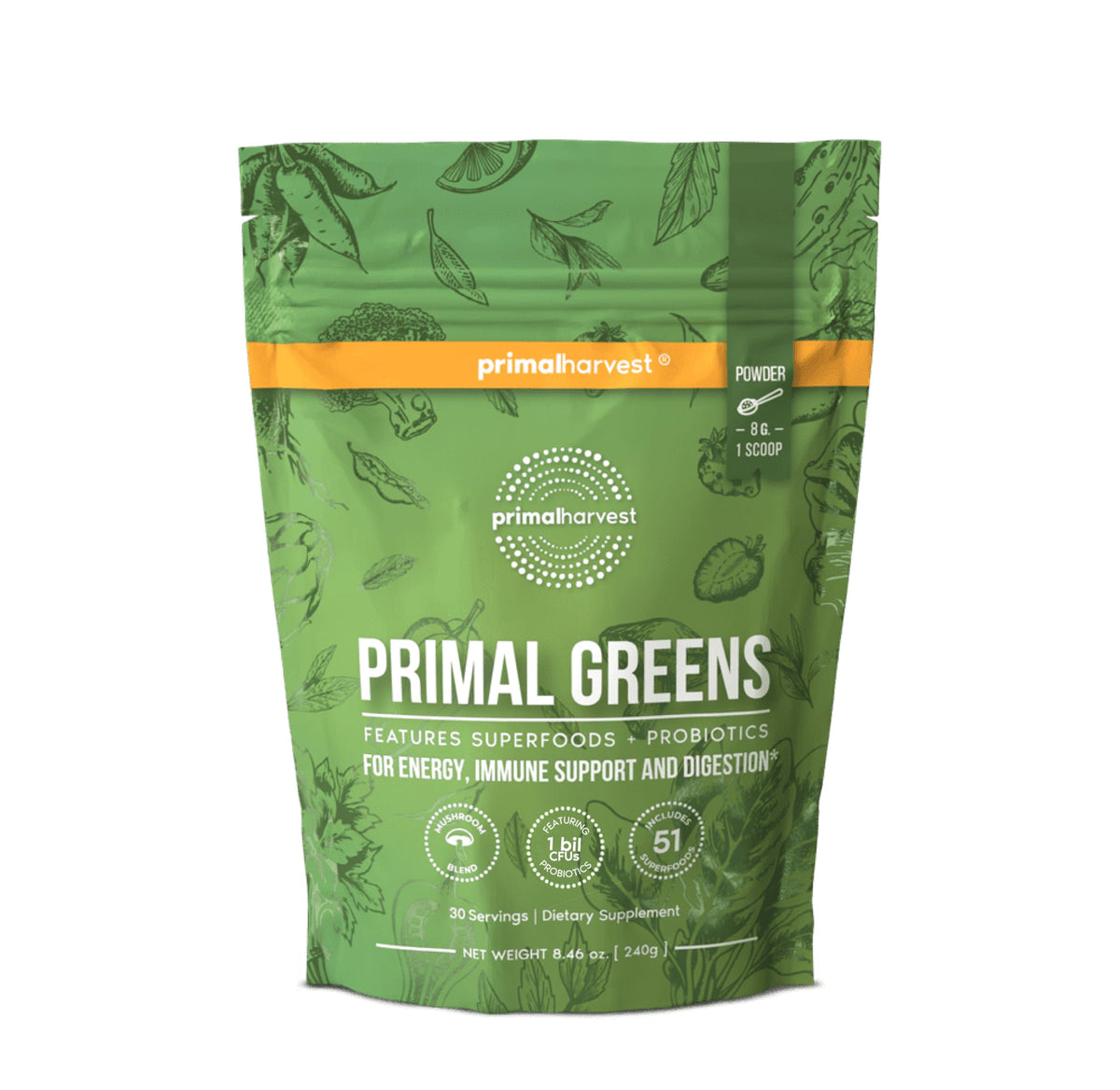 Primal Harvest Super Greens Powder, 30 Servings w/+50 Greens Superfood Chlorella, Probiotics, Green Tea, Wheatgrass