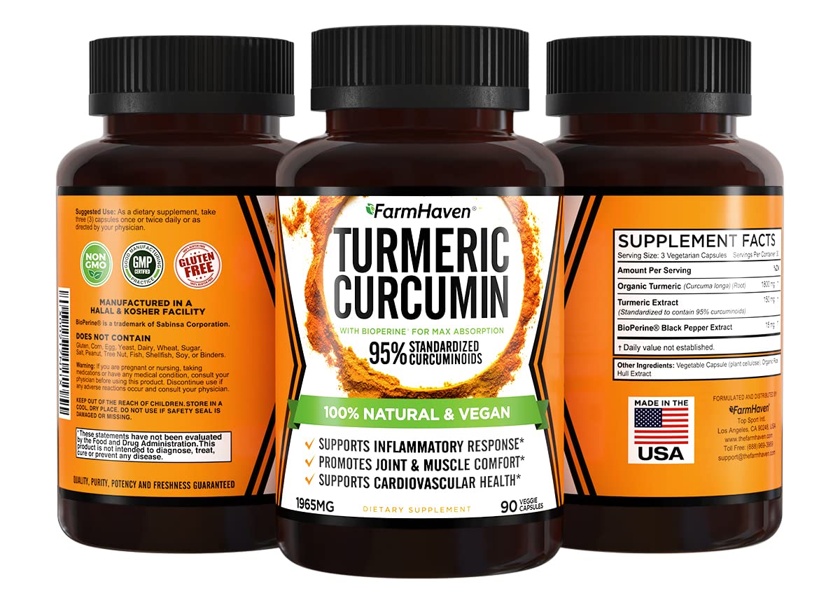 Turmeric Curcumin with BioPerine Black Pepper & 95% Curcuminoids, 1965mg, Maximum Absorption for Joint Support, Non-GMO Turmeric Capsules