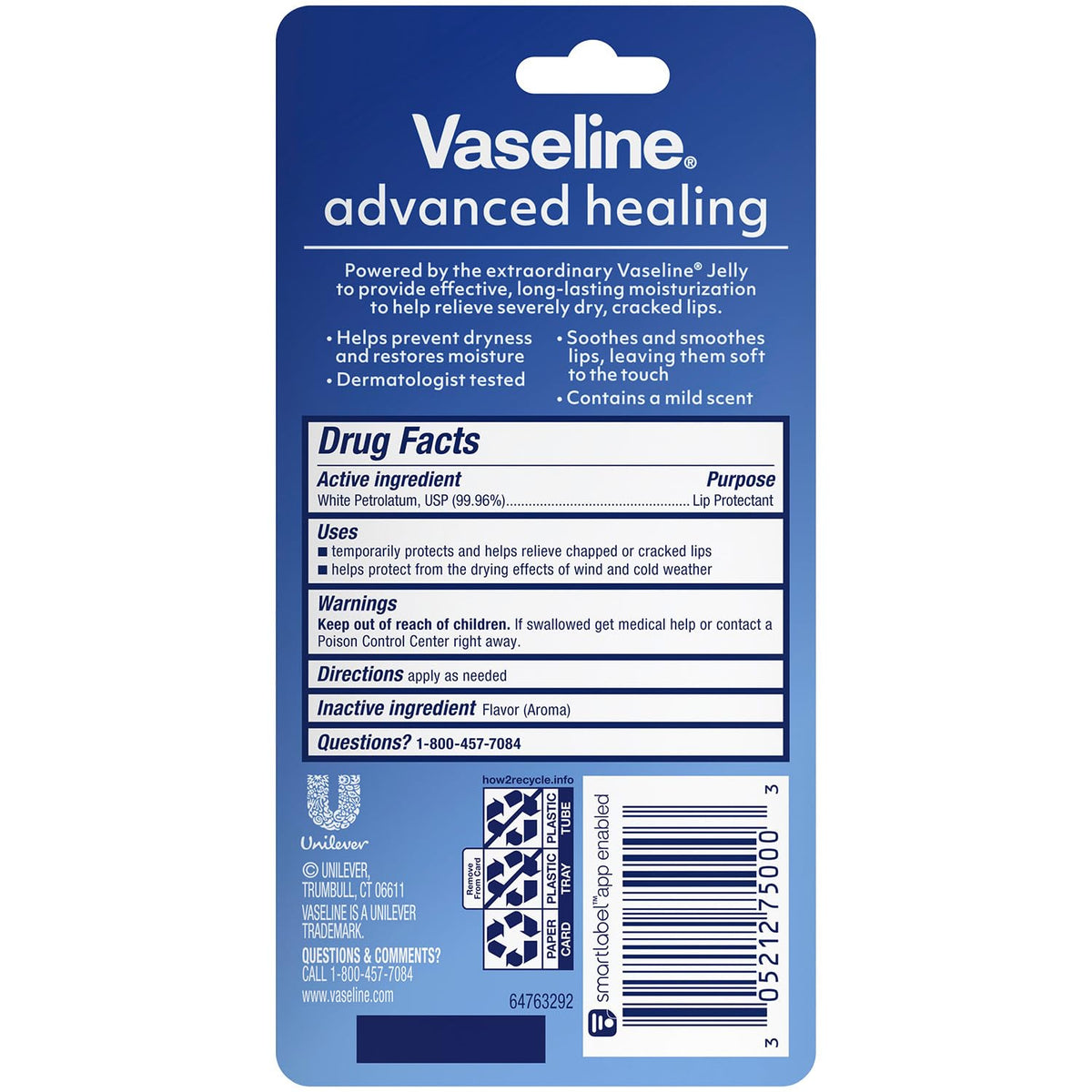 Vaseline Lip Therapy Advanced Healing 3-Pack - White Petroleum Moisturizing Lip Balm for Extremely Dry Lips, 0.35 Oz Ea