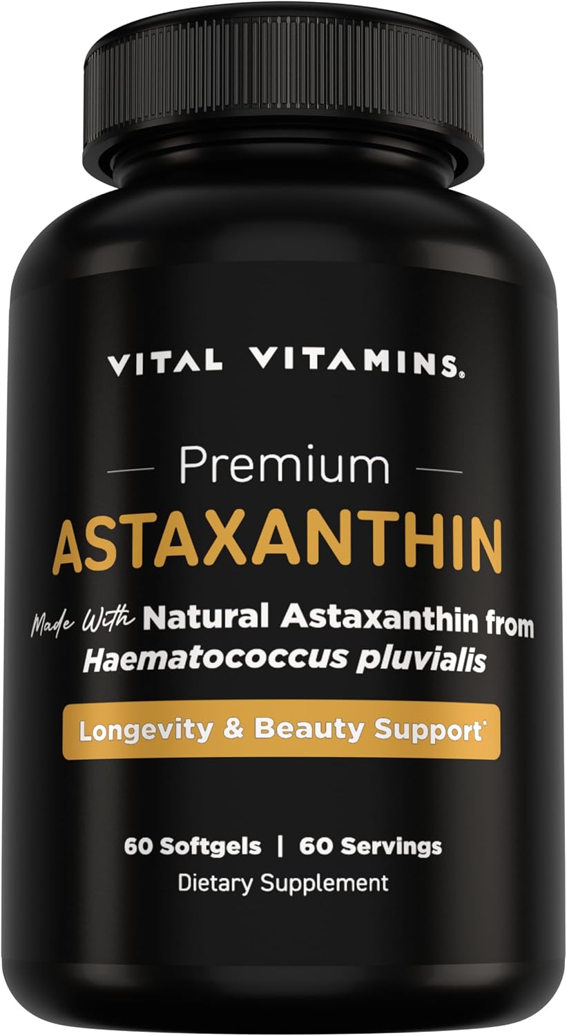Vital Vitamins Astaxanthin 12mg Softgels for Skin Hydration & Elasticity - Natural Astaxanthin from Microalgae, Antioxidant Protection for Skin, Eyes & Exercise Recovery, Vegan, 60 Softgels