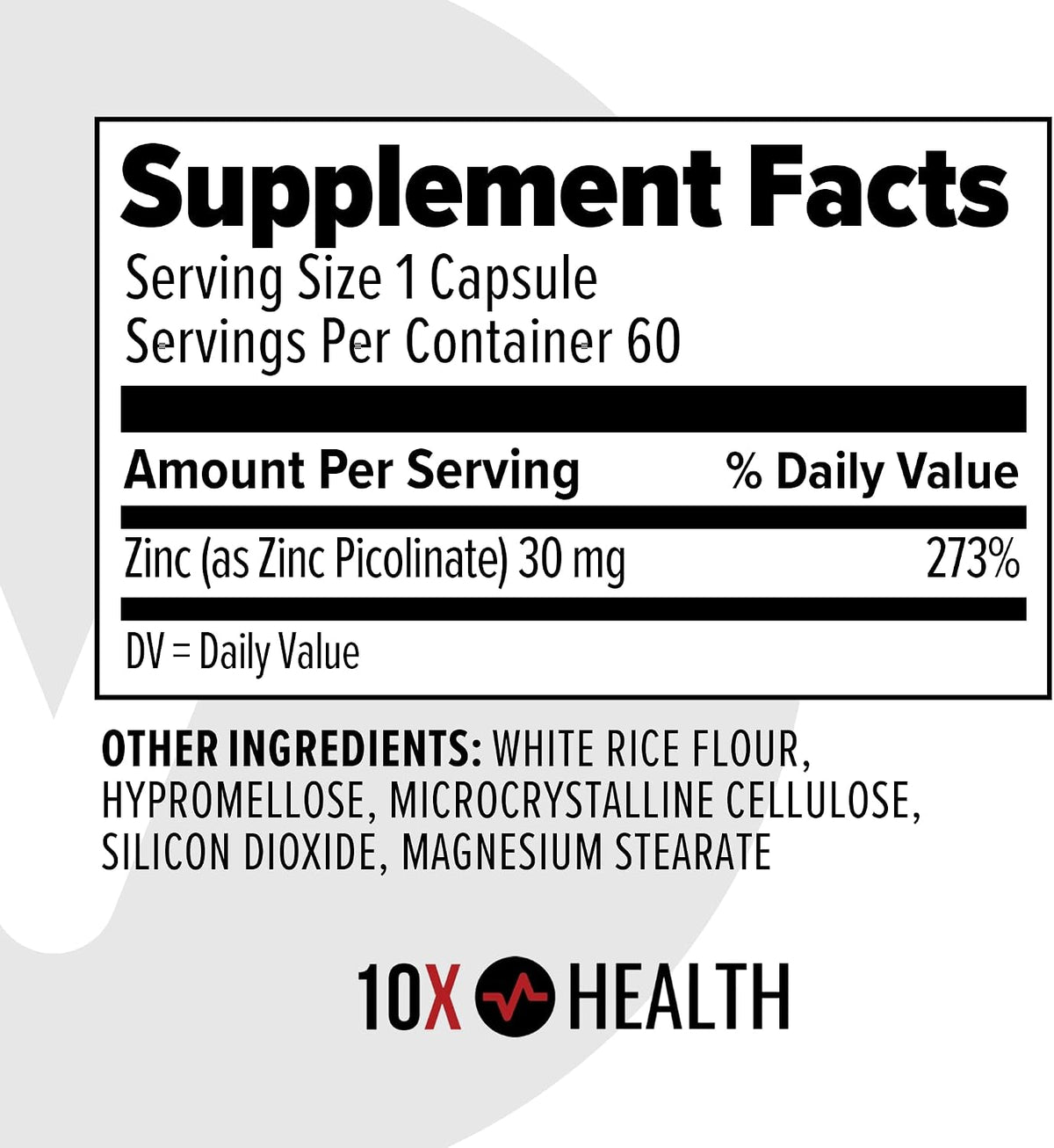 10X Health Zinc 30mg - 60 Capsules - Zinc Supplements: DNA & Protein Synthesis, Immune Support, Highly Absorbable, 60ct