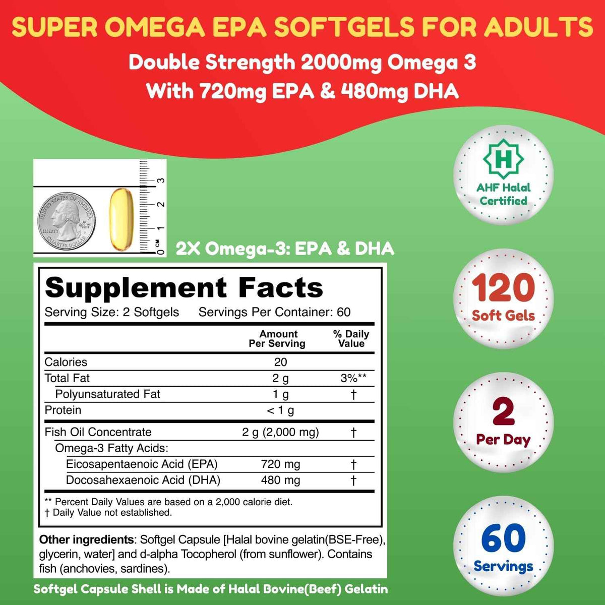 SHIFAA NUTRITION Halal Fish Oil Softgels 120 Ct, Double Strength - Halal Omega 3 Fish Oil Supplements. Wild Caught, Non-GMO & Purified