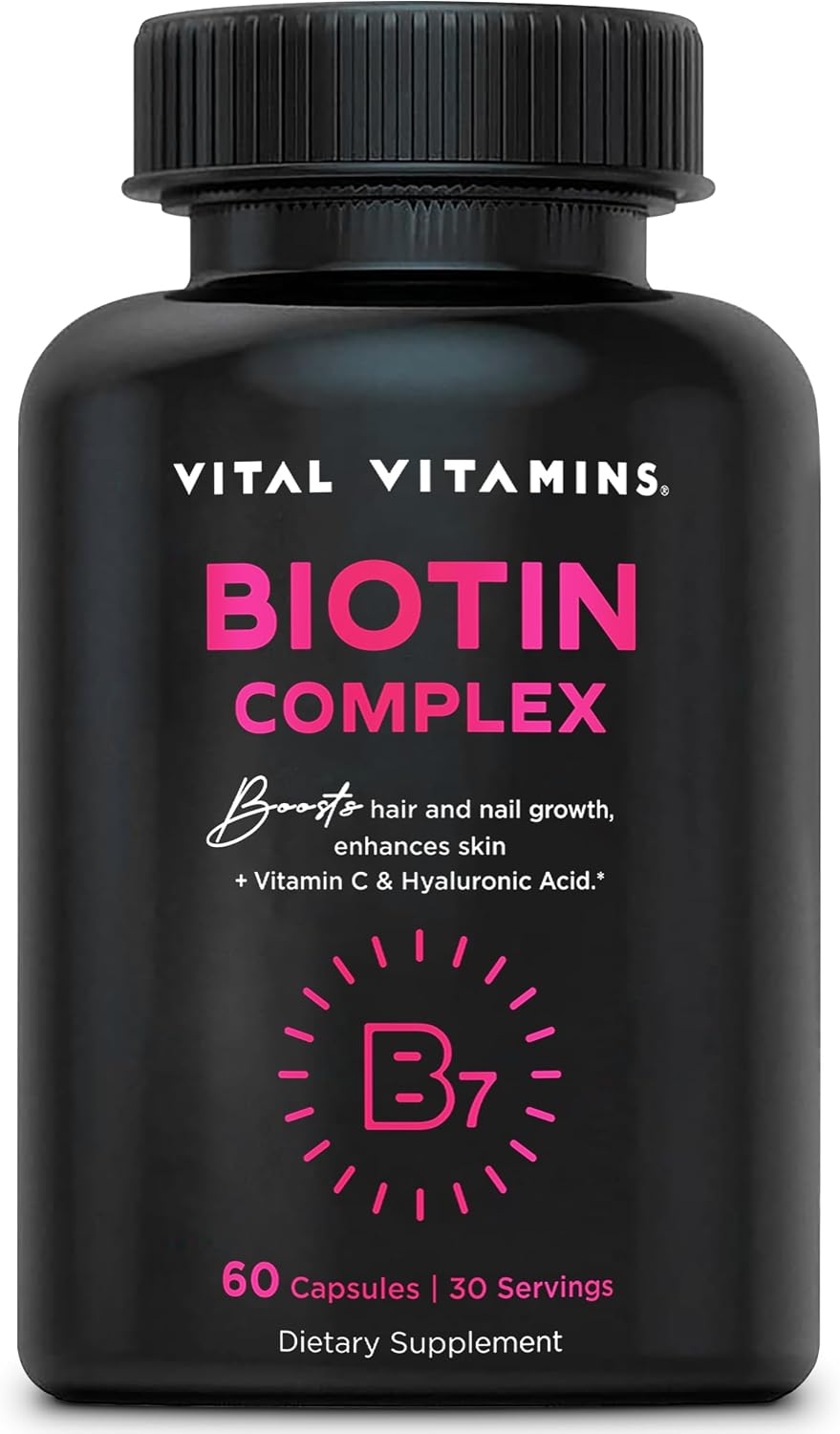Vital Vitamins Biotin Complex with Collagen & Hyaluronic Acid - 5,000mcg Biotin, MSM & Vitamin C for Hair, Skin & Nails, Non-GMO, For Women & Men, 60 Capsules check