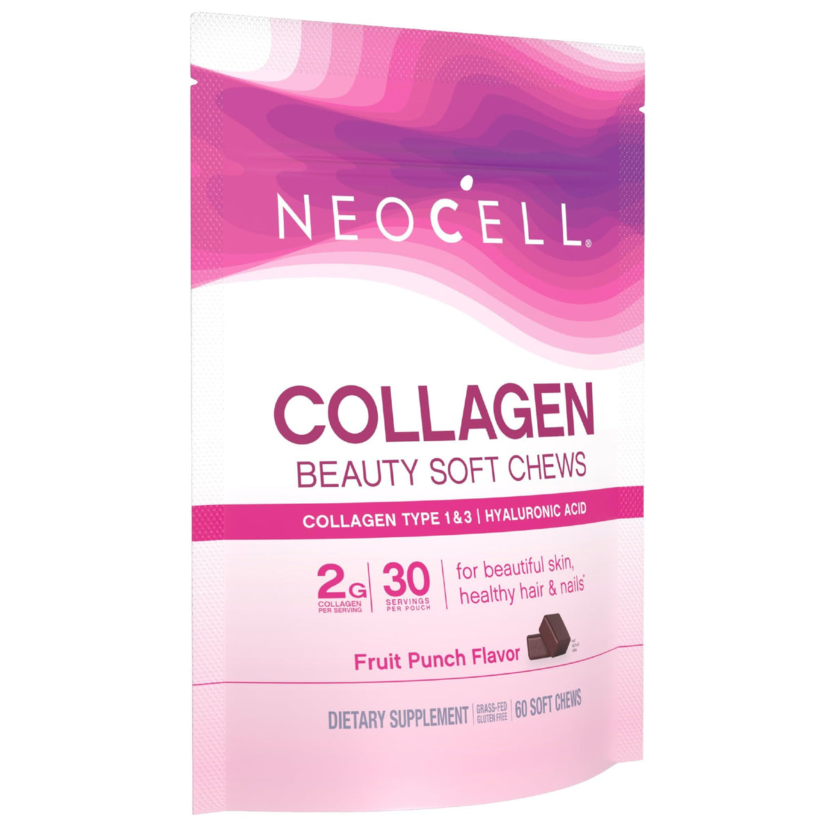NeoCell Collagen Peptides Soft Chews - 60 Chewables - Beauty Bursts Supplement - with Hyaluronic Acid - Hair, Skin, & Nails - Fruit Punch Flavor