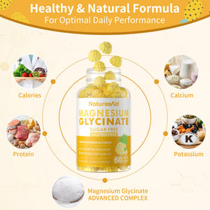 Magnesium Glycinate Gummies 1000mg - Sugar Free Magnesium Potassium Supplement with Vitamin D, B6, CoQ10 for Calm Mood & Sleep Support - 60 Pineapple Gummies -1 Pack Natures AidBuy Supplements Australia