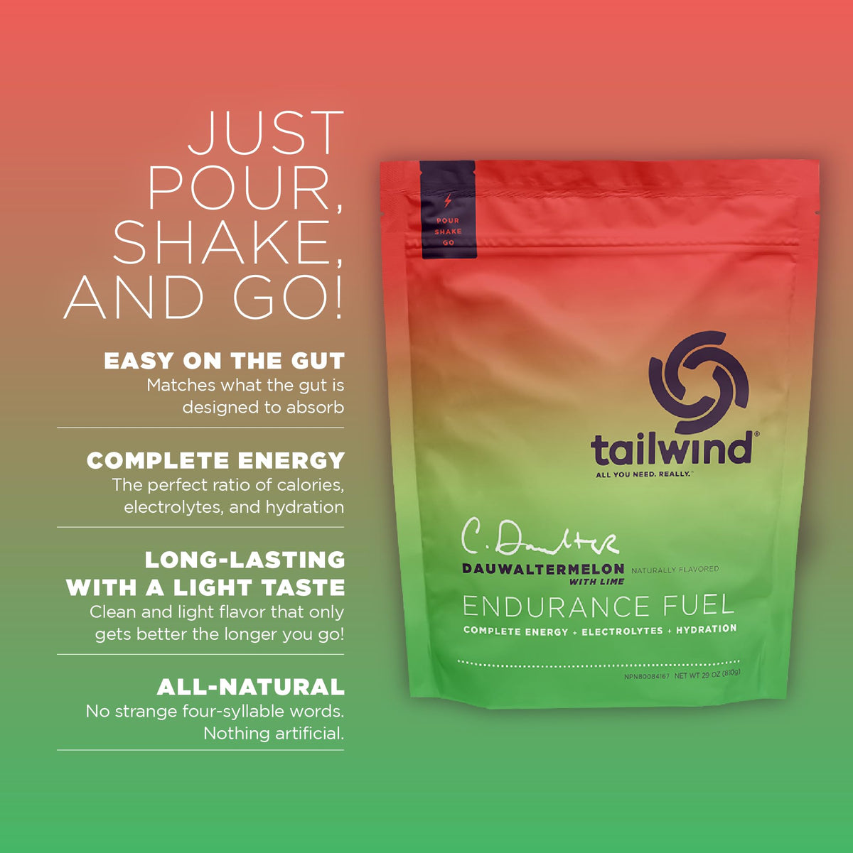 Tailwind Nutrition Endurance Fuel Carb & Electrolyte Drink Mix Dauwaltermelon - Vegan, Gluten-Free 30 Servings