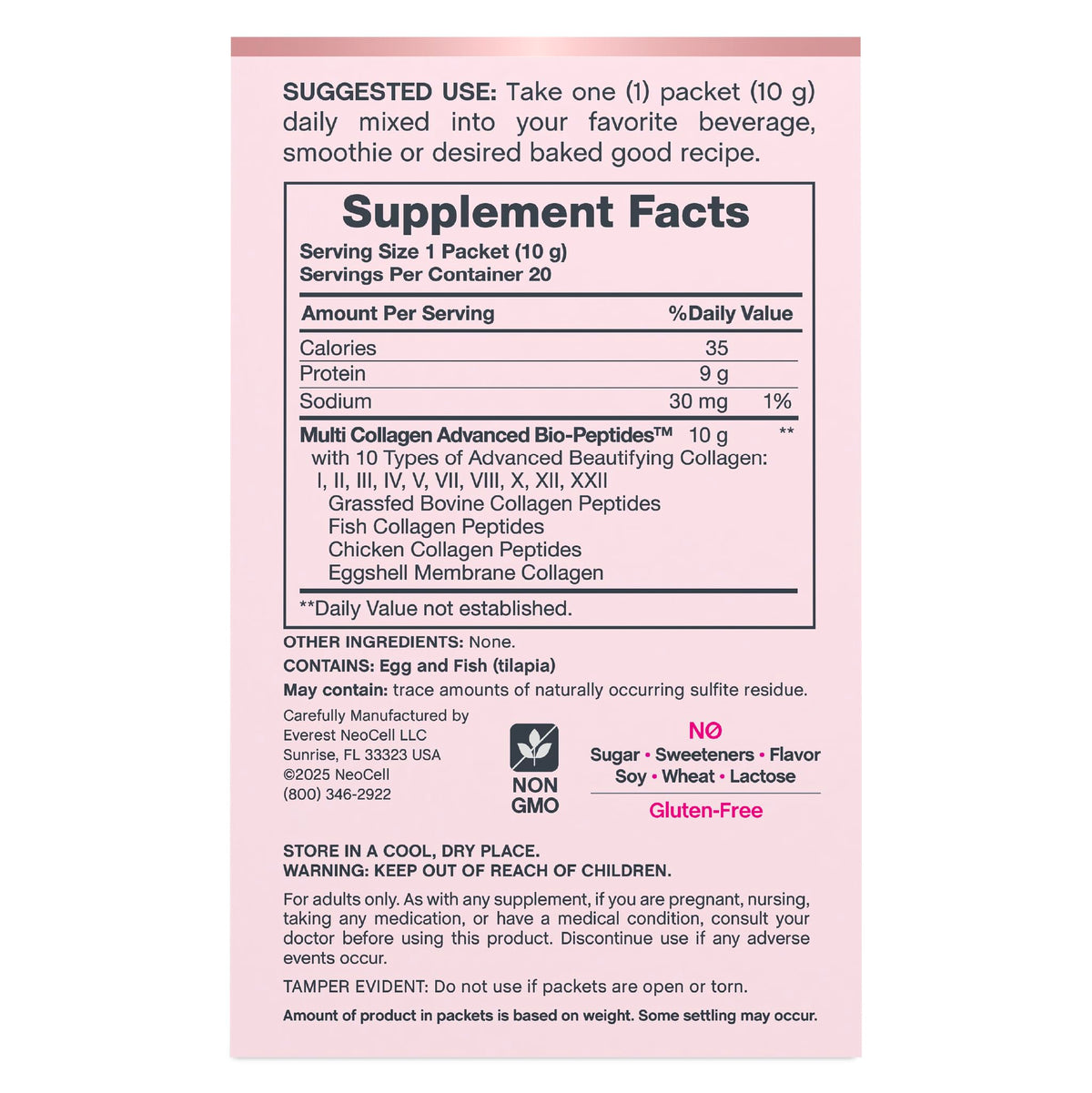 NeoCell Multi Collagen Powder - 20 Stick Packs - Unflavored and Mixes Easily - 10 Types of Advanced Collagen Bio-Peptides - Superior Absorption