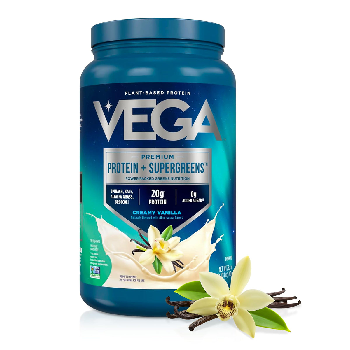 Vega Premium Protein + Supergreens, Creamy Vanilla - 20g Vegan Protein, Dairy & Gluten Free, 26.9 oz (25 Servings)
