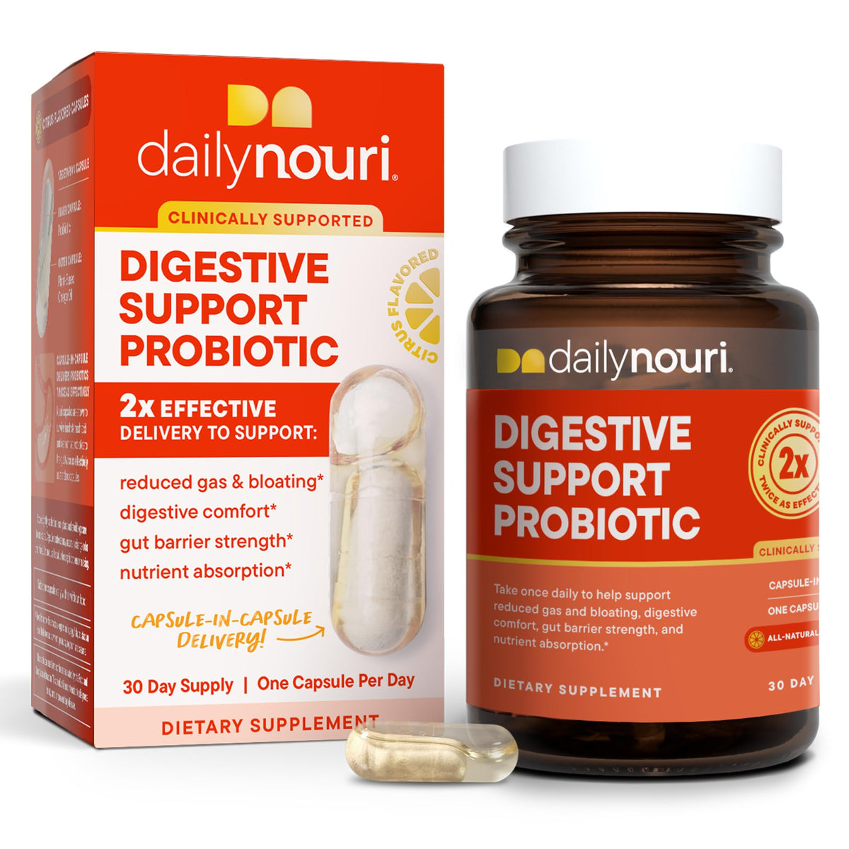 Daily Nouri Digestive Support Probiotics for Women & Men - Bloating & Gas Relief - 3 Clinically Studied Strains + Omega - 30-Day Supply