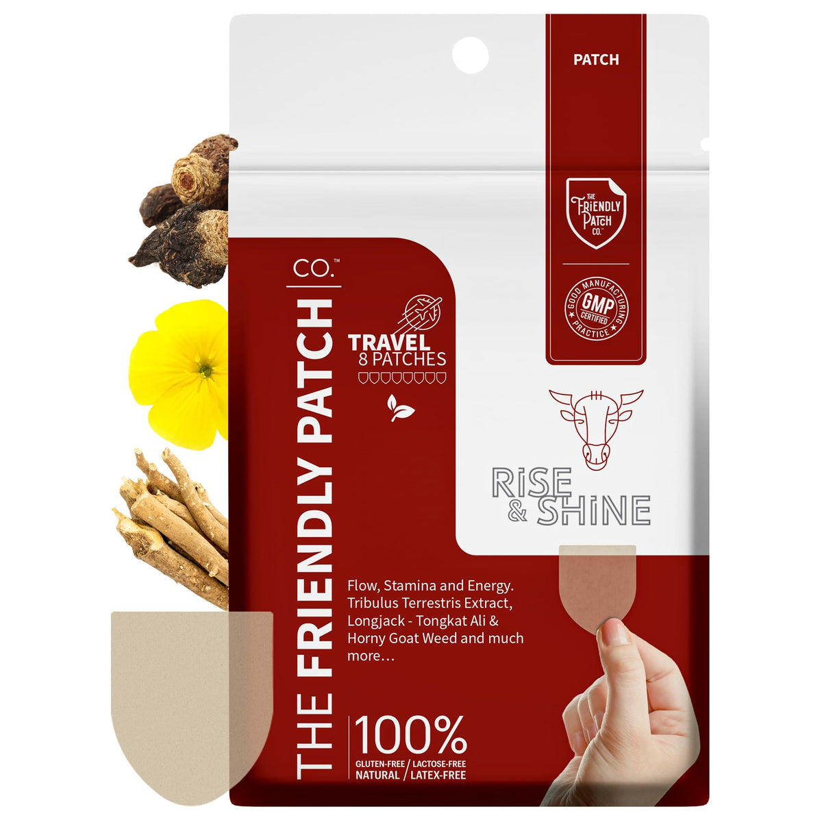 The Friendly Patch Rise & Shine - Stamina strength performance Patches for Men with Tongkat Ali-Longjack, Horny Goat Weed, Tribulus Terrestris, Black Maca extra strength for Men & Women 8-Pack