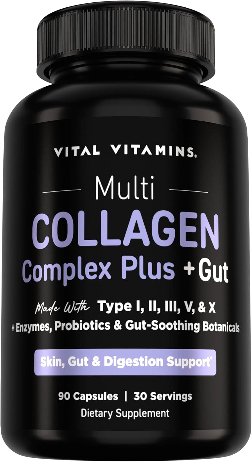 Vital Vitamins Multi Collagen Complex Plus + Gut, Probiotics & Enzymes - 5 Collagen Types I, II, III, V & X with Digestive Enzyme Blend, 3 Billion CFU Probiotic & Gut Botanicals, 90 Capsules