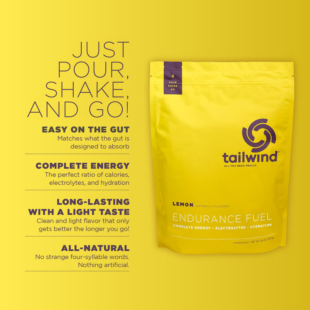 Tailwind Nutrition Endurance Fuel Carb & Electrolyte Drink Mix Lemon - Vegan, Gluten-Free 30 Servings