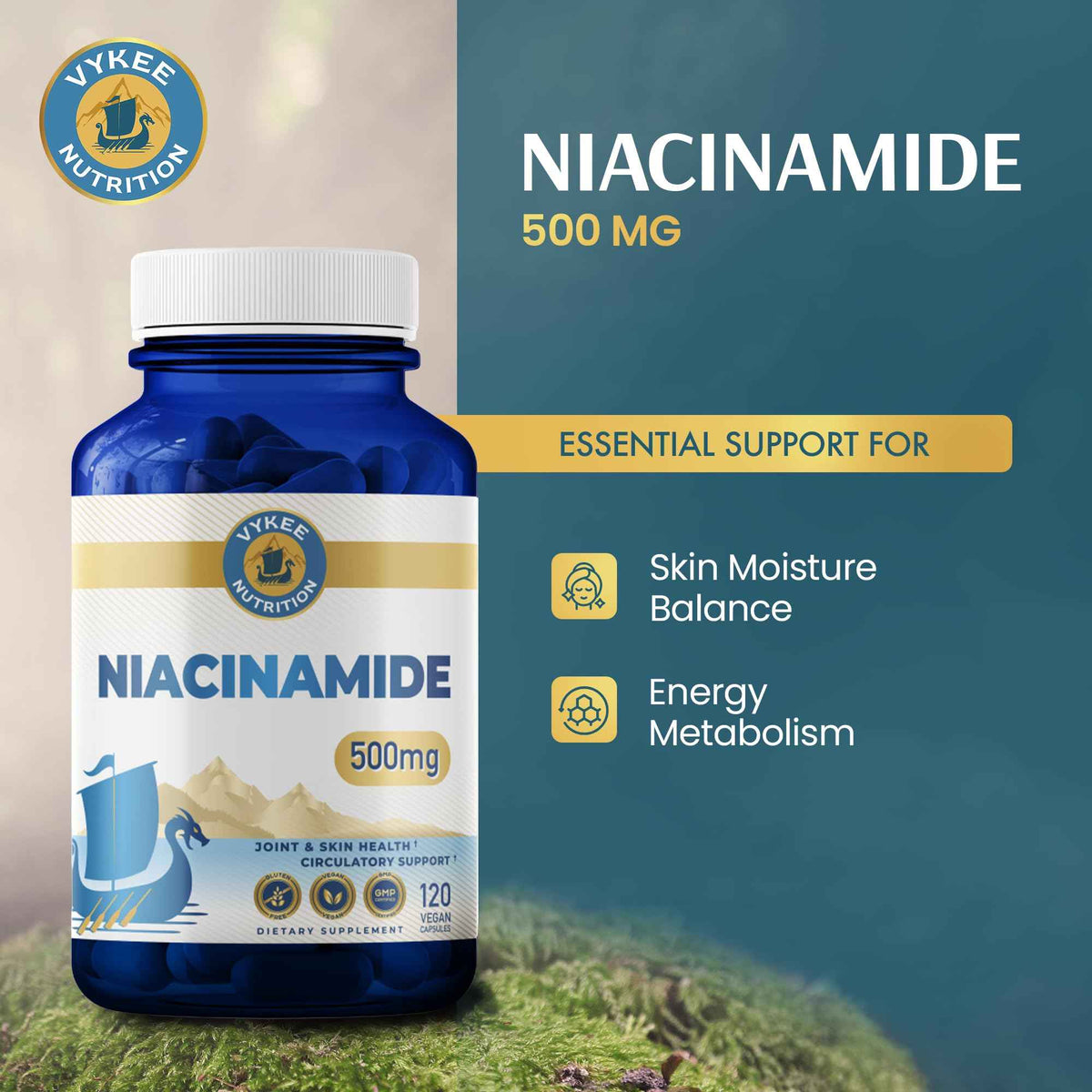 Vykee Nutrition Niacinamide Capsules - Vitamin B3 Supplement for Skin Wellness Cellular Energy and Metabolic Support - Vegan, Non-GMO Gluten Free