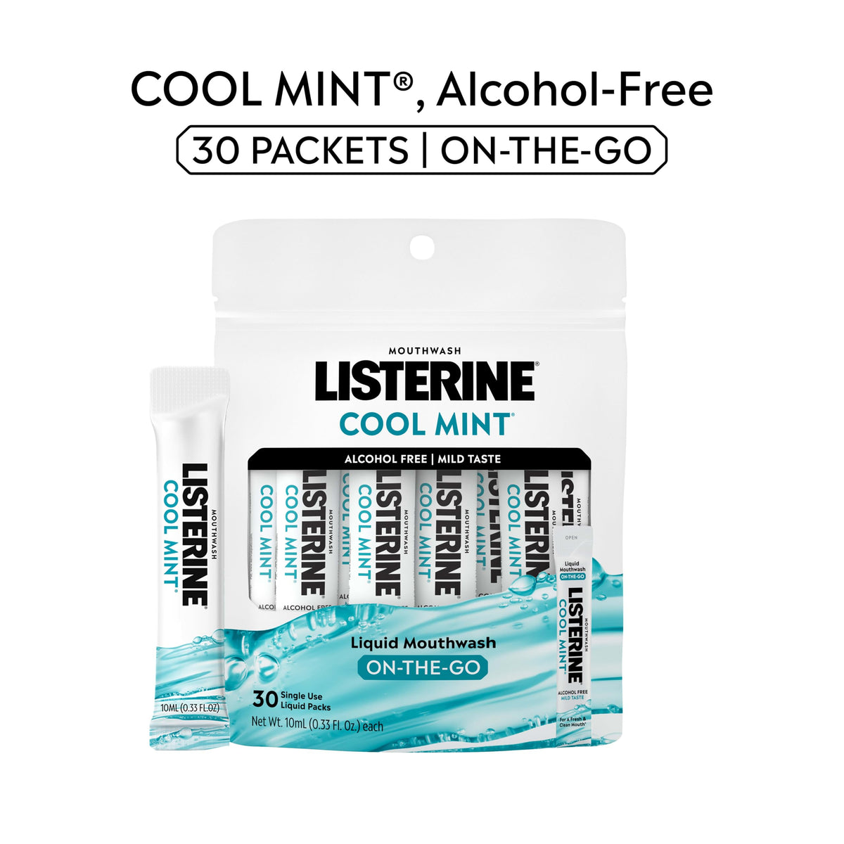 Listerine Mouthwash On-the-Go Travel Essentials Individual Packets of Alcohol-Free Cool Mint Flavor Oral Rinse Kills Bad Breath