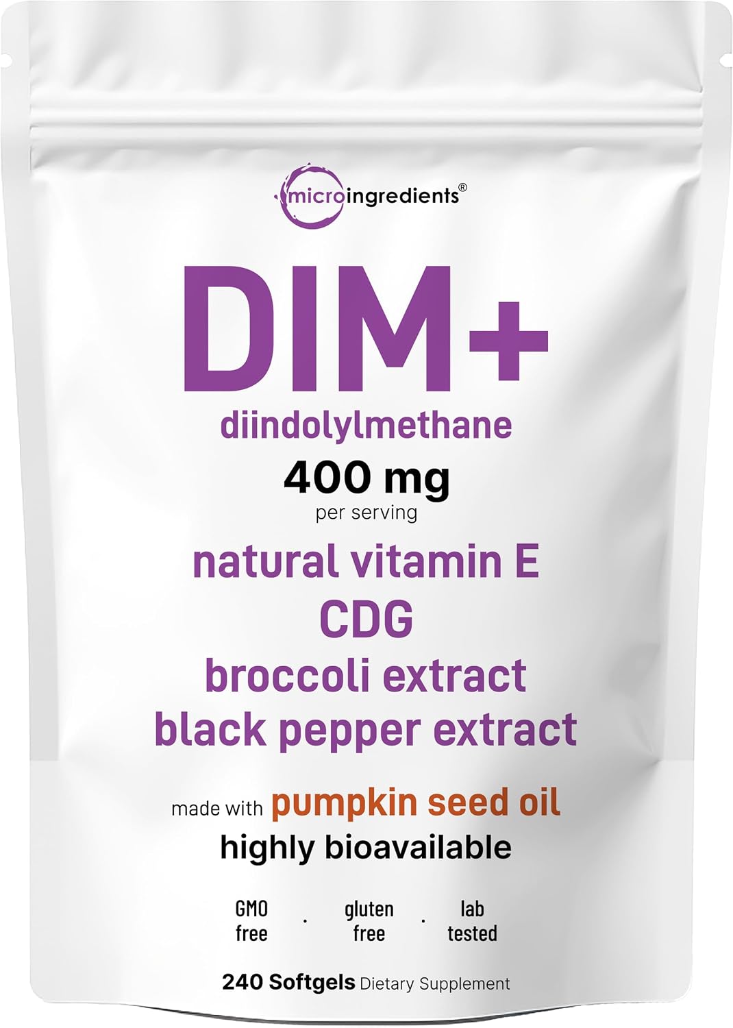 Micro Ingredients DIM+ Supplement 400mg for Men & Women - 240 Softgels with Pumpkin Seed Oil - Highly Bioavailable 7-in-1 Complex with Vitamin E, CDG, Broccoli & Black Pepper Extract