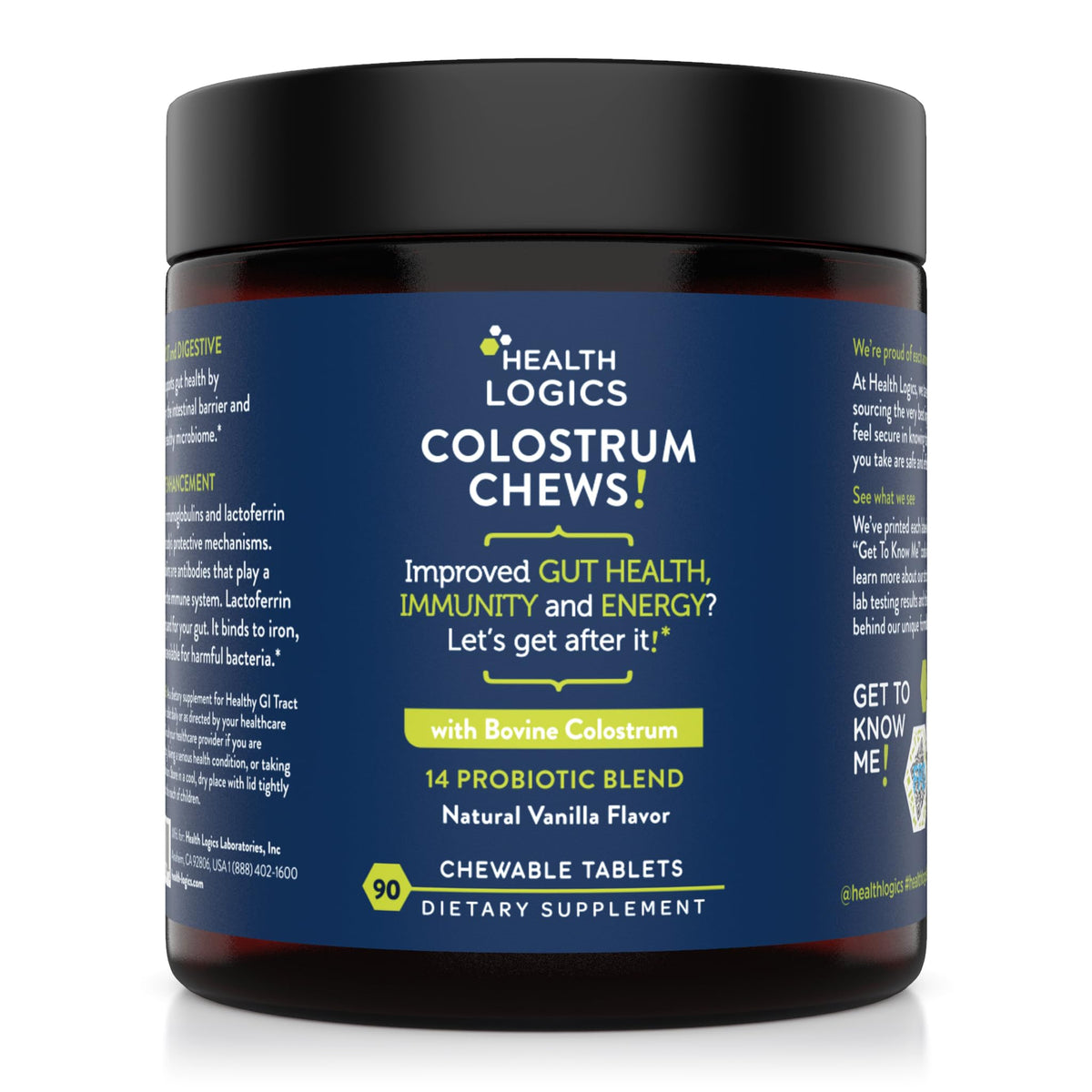 Health Logics Colostrum Chews-Colostrum Supplement 25% IgG for Gut Health, Immune Support, Hair Growth, Vanilla Flavor, 90 Servings