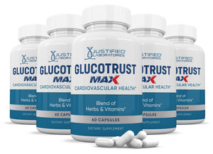 Justified Laboratories (5 Pack) Glucotrust Max 1295MG Formula Supplement Pills 300 cap